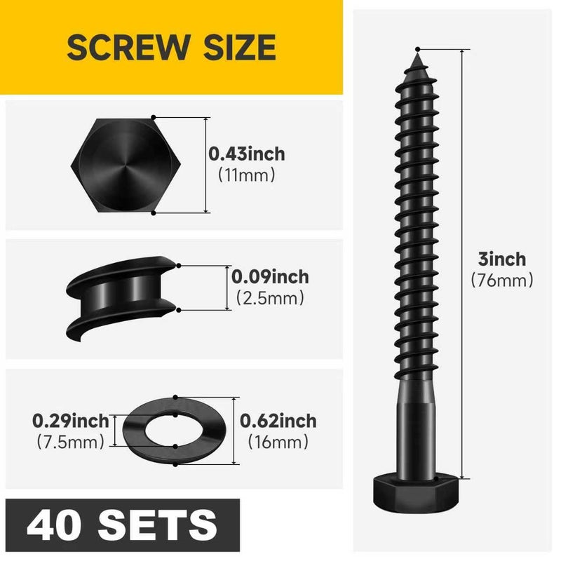 MYWISH (40Sets) 1/4" x 3" Hex Head Lag Bolts, Heavy Duty Lag Screws with Washers, 304 Stainless Steel Bolts 18-8, Lag Screws Wood Screws, Partial Thread Black Oxide, 1/4 Bolt by - Image 2